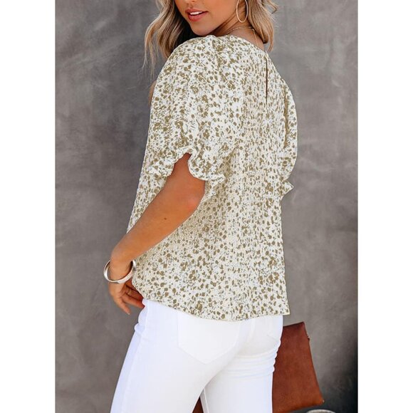 Women Khaki Print Blouse Crewneck Smocked Puff Sleeve Shirts Casual Babydoll Top - Picture 4 of 7